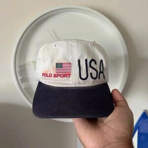 Vintage 90s Polo Sport Ralph Lauren USA Flag Two Tone Strapback Hat